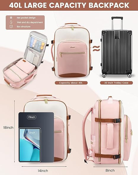 LARGE TRAVEL BACKPACK FOR WOMEN & MEN, 40L CARRY ON BACKPACK FOR AIRPLANES